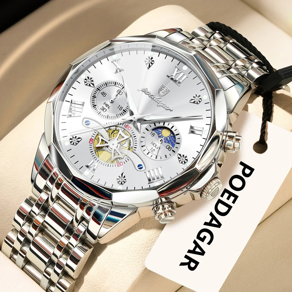 Luxury Men's Waterproof Chronograph Watch - POEDAGAR Stainless Steel Luminous Quartz Wristwatch for Confident Men