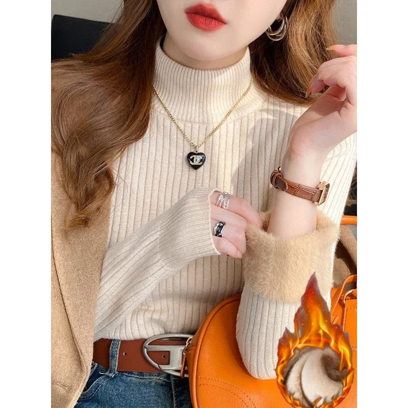 Women's Retro Red Velvet-Lined Turtleneck Sweater - Thick Thermal Knit for Winter 2025
