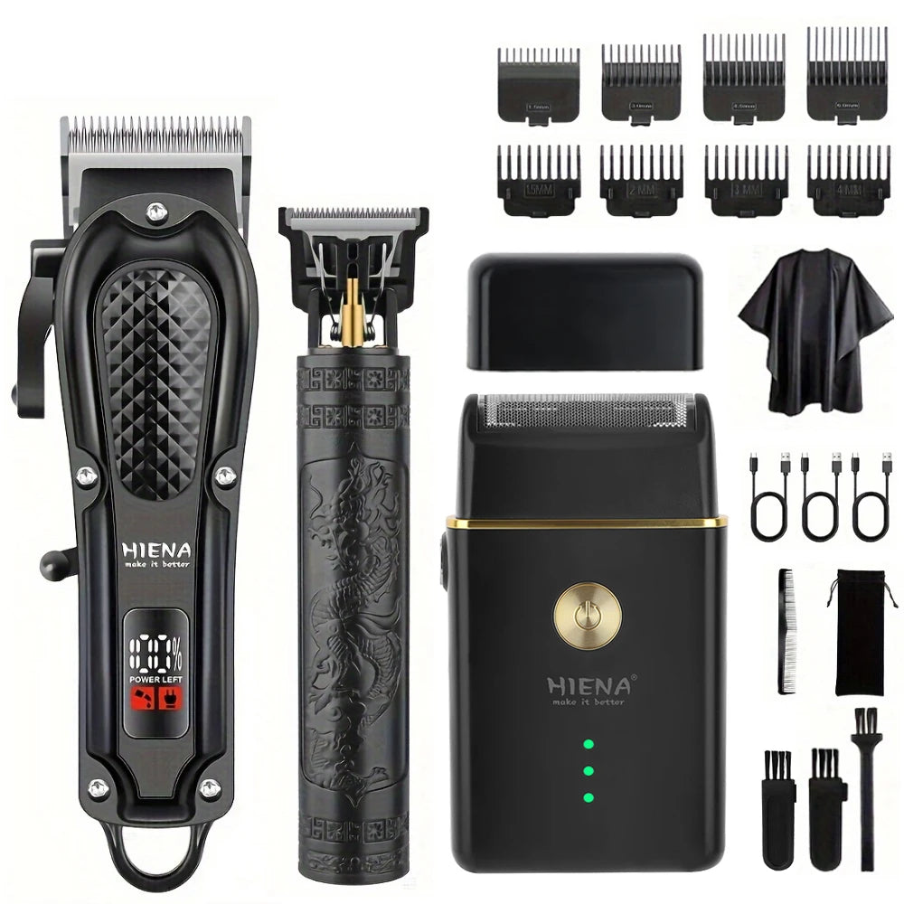 Hiena Hair Clipper Set - Cordless Metal Hair Trimmer with LCD Display for Professionals