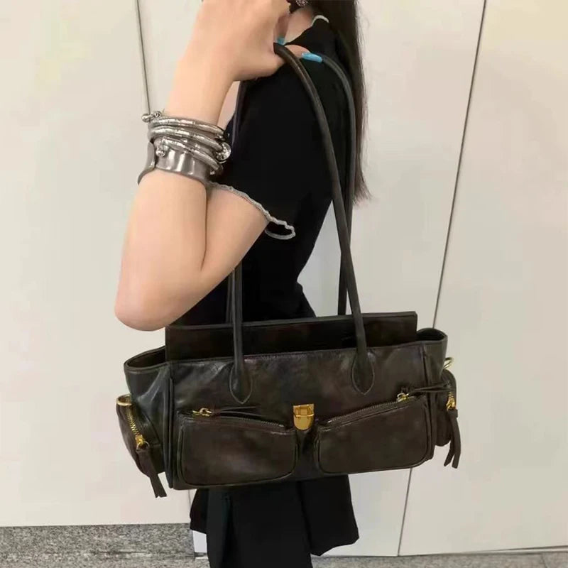 Vintage Leather Underarm Bag for Girls - Versatile Multi-Pocket Handbag with Spaghetti Strap for Motorcycle Rides
