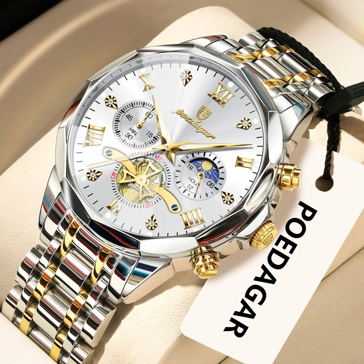 Luxury Men's Waterproof Chronograph Watch - POEDAGAR Stainless Steel Luminous Quartz Wristwatch for Confident Men