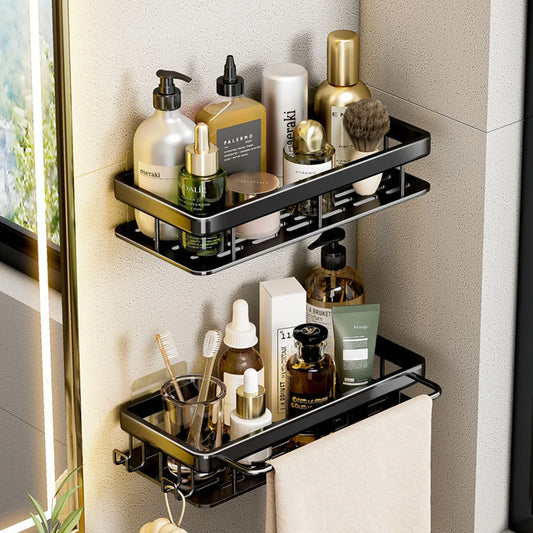 Wall-Mounted Aluminum Bathroom Shelf for Shampoo & Toiletries – No Drill Corner Rack for Showers & Kitchens