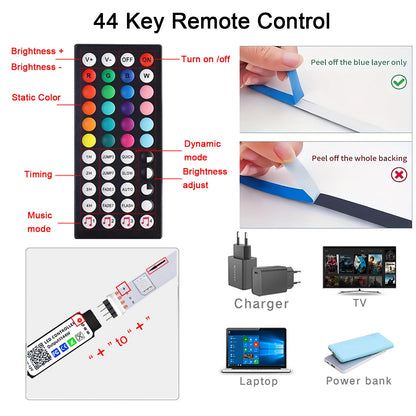 RGB LED Strip Lights with Music Sync - USB 5V Remote Control Flexible Lamp for Bedroom, Party, TV, and Desk Decoration