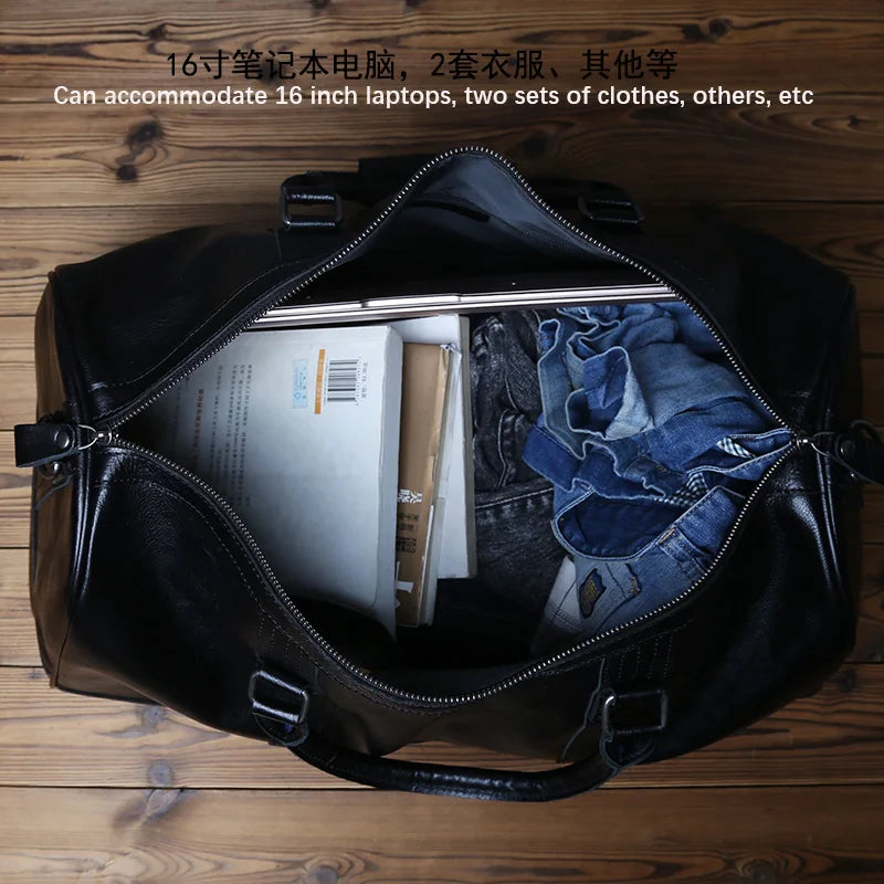Genuine Leather Travel Bag for Men - Large Capacity Crossbody Handbag for 16" Laptop, Casual Cowhide Luggage