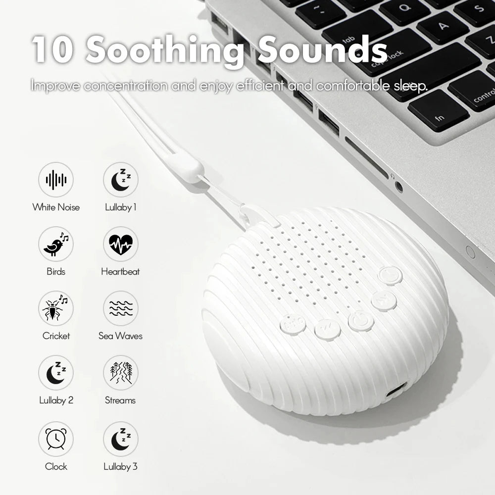 Portable White Noise Machine for Babies - 10 Soothing Sounds, Volume Control, Rechargeable Battery, USB Charging