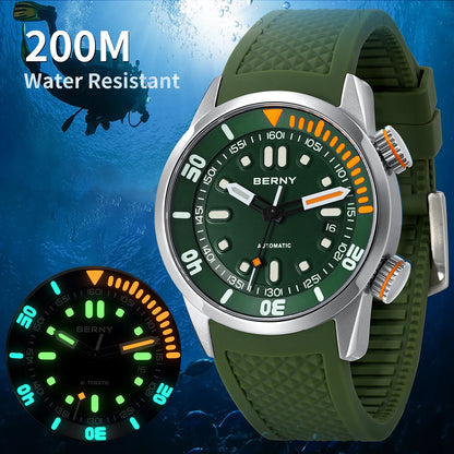 BERNY Men's 20Bar Diver Mechanical Watch - Miyota 8215, Luminous Sapphire, Automatic Silicone Wristwatch for Swimming