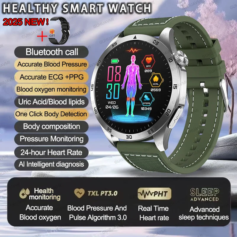 2025 Smartwatch for Men - ECG, PPG, Blood Pressure, Uric Acid & Lipid Monitoring with Bluetooth Call Function
