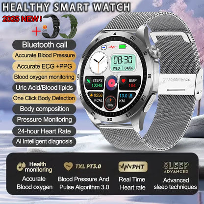 2025 Smartwatch for Men - ECG, PPG, Blood Pressure, Uric Acid & Lipid Monitoring with Bluetooth Call Function