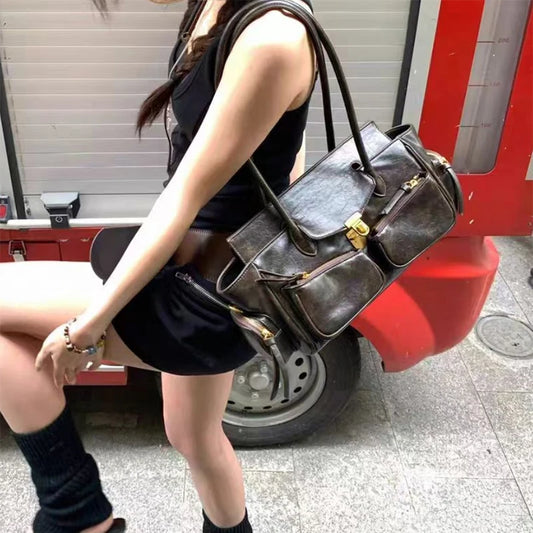 Vintage Leather Underarm Bag for Girls - Versatile Multi-Pocket Handbag with Spaghetti Strap for Motorcycle Rides
