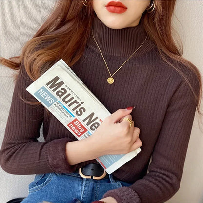 Women's Retro Red Velvet-Lined Turtleneck Sweater - Thick Thermal Knit for Winter 2025