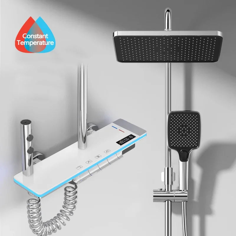 Luxury Digital Shower System with LED Lights & Tempered Glass - Smart Thermostat Mixer Faucet for Modern Bathrooms