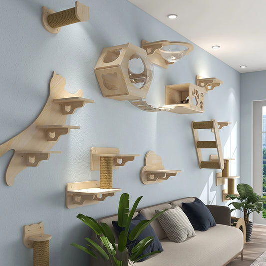 Wall-Mounted Cat Tree with Scratching Post, Jumping Platform, and Hammock for Cats