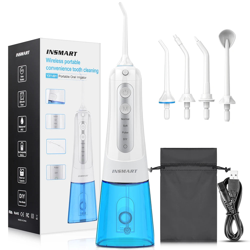 INSMART Portable Oral Irrigator - Waterproof Dental Water Flosser for Teeth Whitening & Cleaning, 300ML Water Tank
