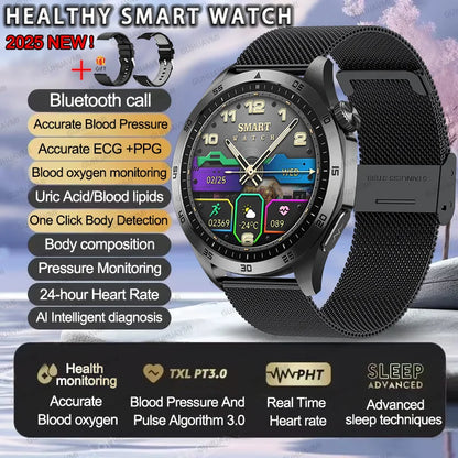 2025 Smartwatch for Men - ECG, PPG, Blood Pressure, Uric Acid & Lipid Monitoring with Bluetooth Call Function