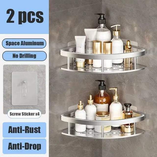 Wall-Mounted Aluminum Bathroom Shelf for Shampoo & Toiletries – No Drill Corner Rack for Showers & Kitchens