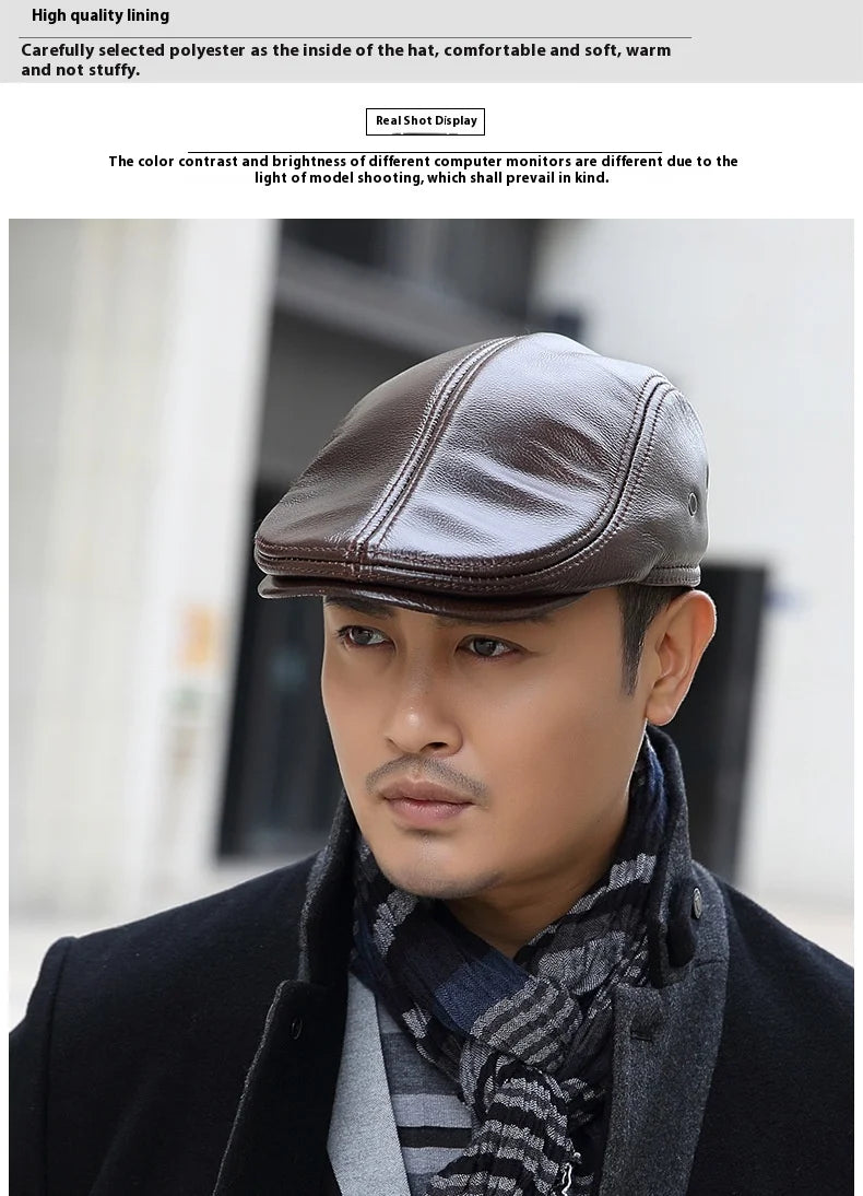 2025 Genuine Leather Beret Hat for Men - Stylish Winter Cap, Warm & Windproof, Vintage Peaked Driver Hat Gift
