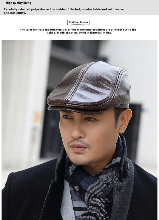 2025 Genuine Leather Beret Hat for Men - Stylish Winter Cap, Warm & Windproof, Vintage Peaked Driver Hat Gift