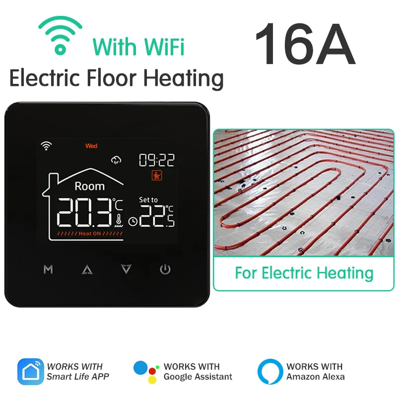 Tuya Smart Home WiFi Thermostat for Electric & Water Floor Heating Systems - Compatible with Google Home & Alexa