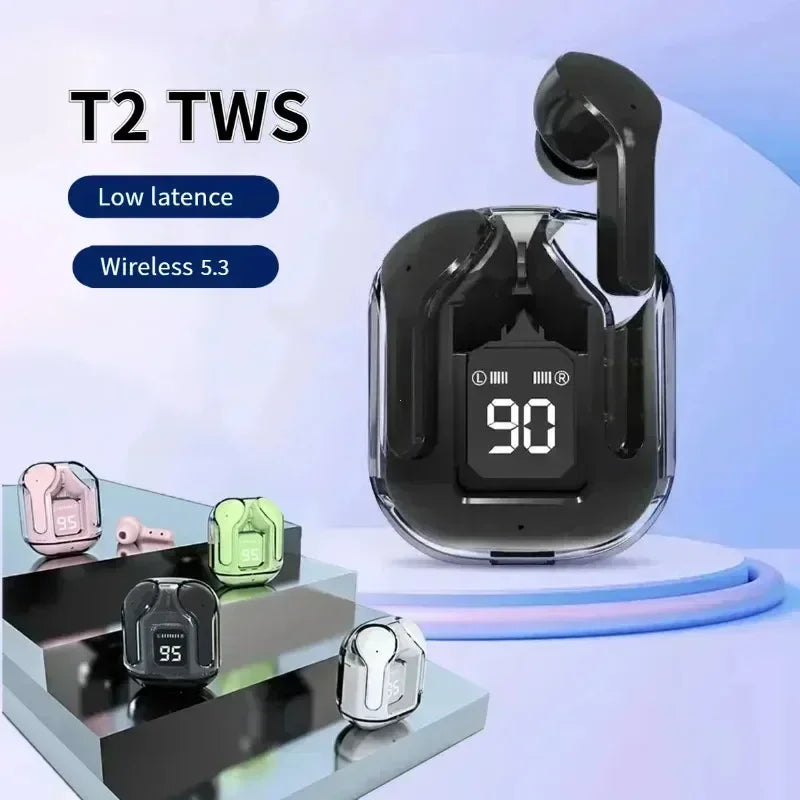 T2 TWS Bluetooth Earbuds with Digital Display - Transparent ENC Headphones for Smartphones, Stereo Sound