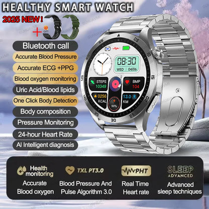 2025 Smartwatch for Men - ECG, PPG, Blood Pressure, Uric Acid & Lipid Monitoring with Bluetooth Call Function