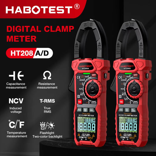 HABOTEST HT208 True RMS Digital Clamp Meter for Electricians - 1000A 1000V AC/DC, Capacitance, Temperature, Ohm & Hz Testing