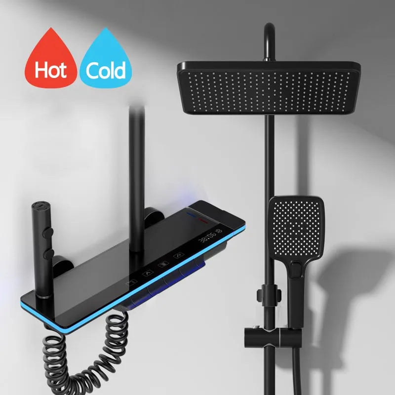Luxury Digital Shower System with LED Lights & Tempered Glass - Smart Thermostat Mixer Faucet for Modern Bathrooms