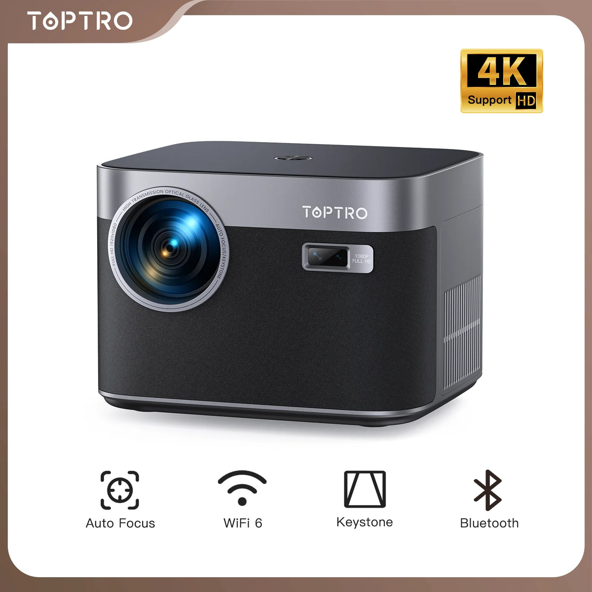 TOPTRO 4K Projector - Native 1080P WiFi6 Bluetooth for Outdoor Home Theater & Movie Nights