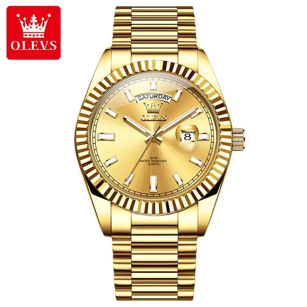 OLEVS Men's Waterproof Rose Gold Stainless Steel Watch with Day-Date Quartz Movement