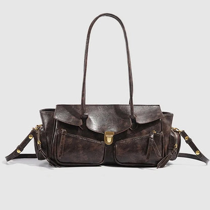 Vintage Leather Underarm Bag for Girls - Versatile Multi-Pocket Handbag with Spaghetti Strap for Motorcycle Rides
