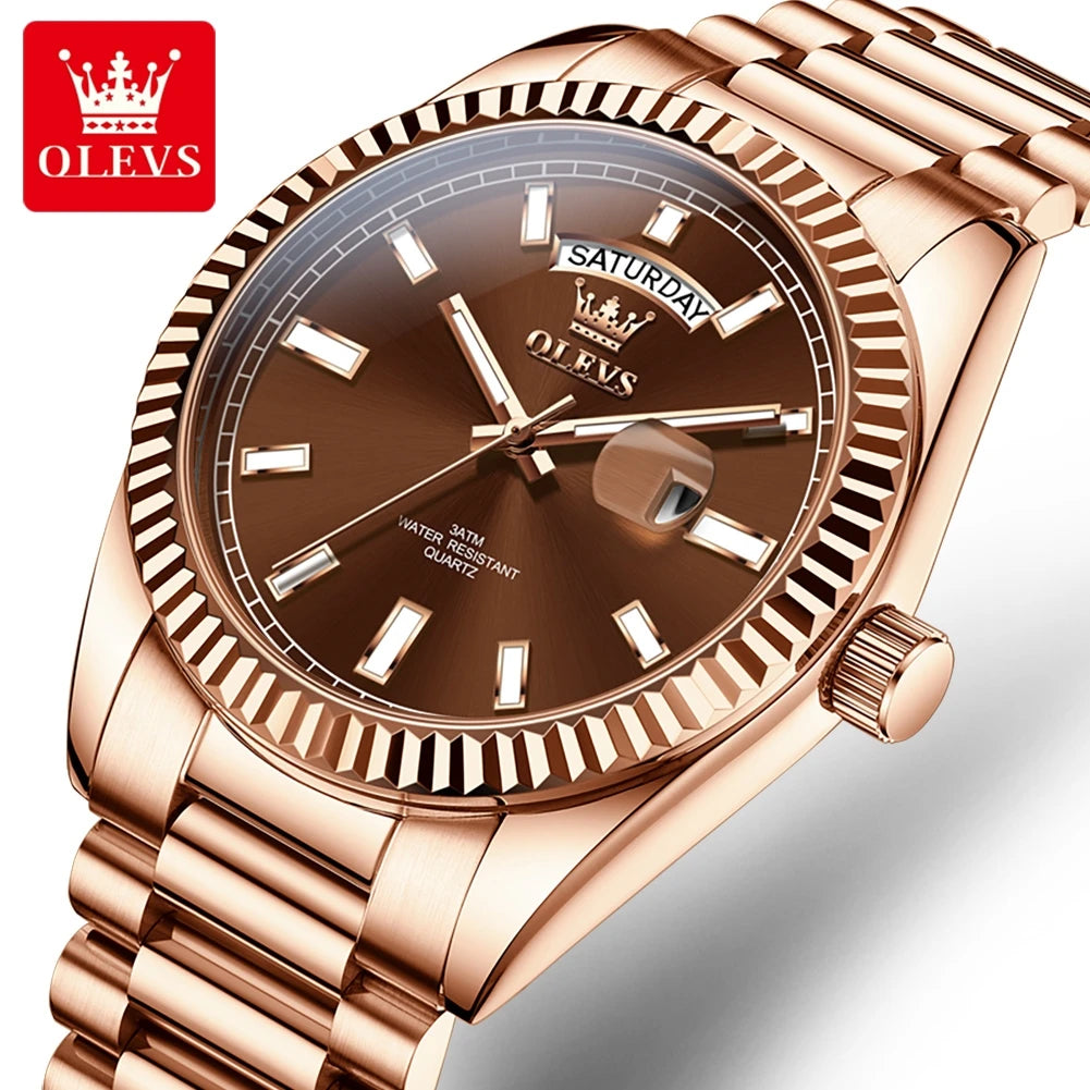 OLEVS Men's Waterproof Rose Gold Stainless Steel Watch with Day-Date Quartz Movement