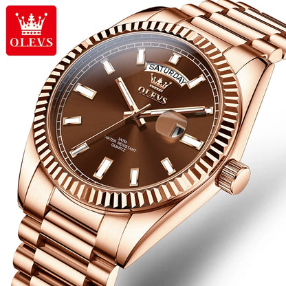 OLEVS Men's Waterproof Rose Gold Stainless Steel Watch with Day-Date Quartz Movement