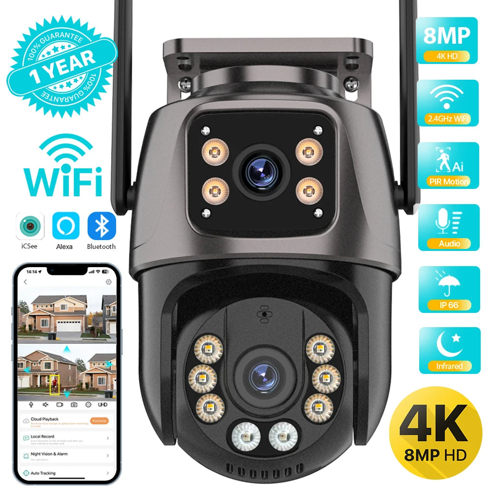 4K HD PTZ Outdoor Camera with Dual Lens, AI Auto Tracking & Audio for Home Surveillance