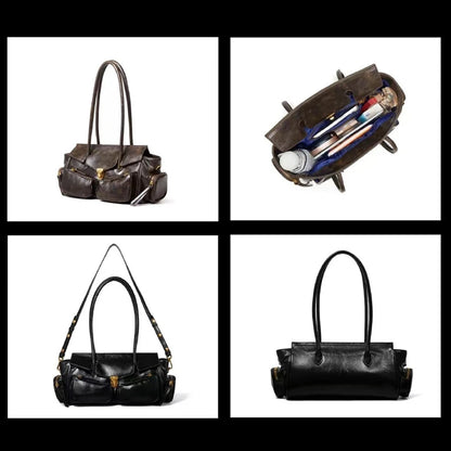 Vintage Leather Underarm Bag for Girls - Versatile Multi-Pocket Handbag with Spaghetti Strap for Motorcycle Rides