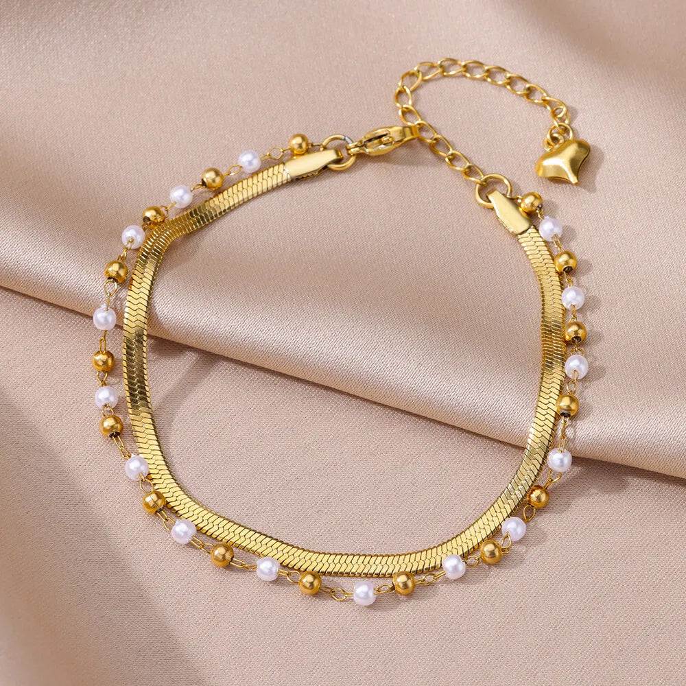 Gold Imitation Pearl Chain Anklet for Women - Summer Beach Leg Bracelet Accessory