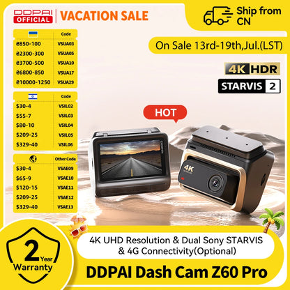 DDPAI Z60 Pro 4K Dash Cam - Front Camera for Cars with Dual SONY Sensors, GPS, WiFi, ADAS & Night Vision