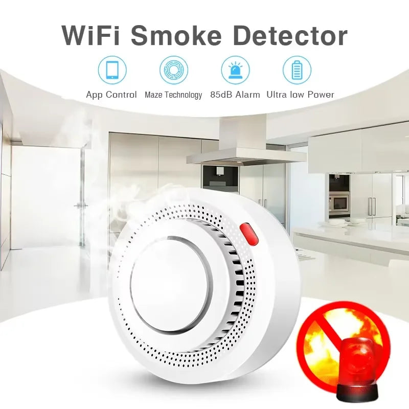 Tuya Smart WiFi Smoke Detector for Home Safety - 85dB Alarm, Smartlife APP Control, Fire Protection System