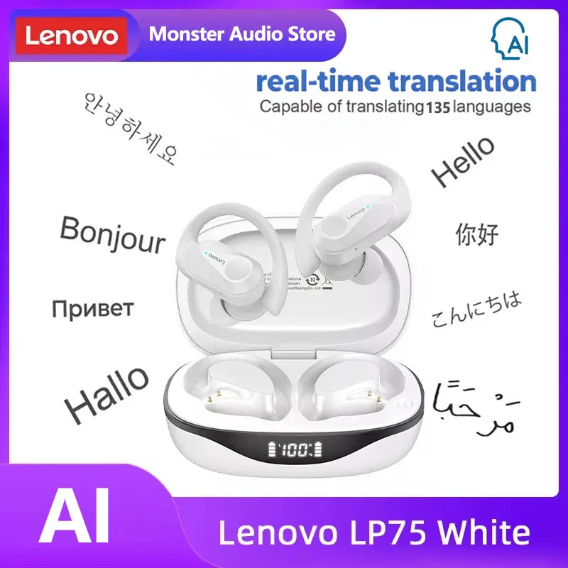 Lenovo LP75 TWS Bluetooth Headphones for Active Lifestyle - Wireless, Noise-Canceling, Waterproof with LED Display