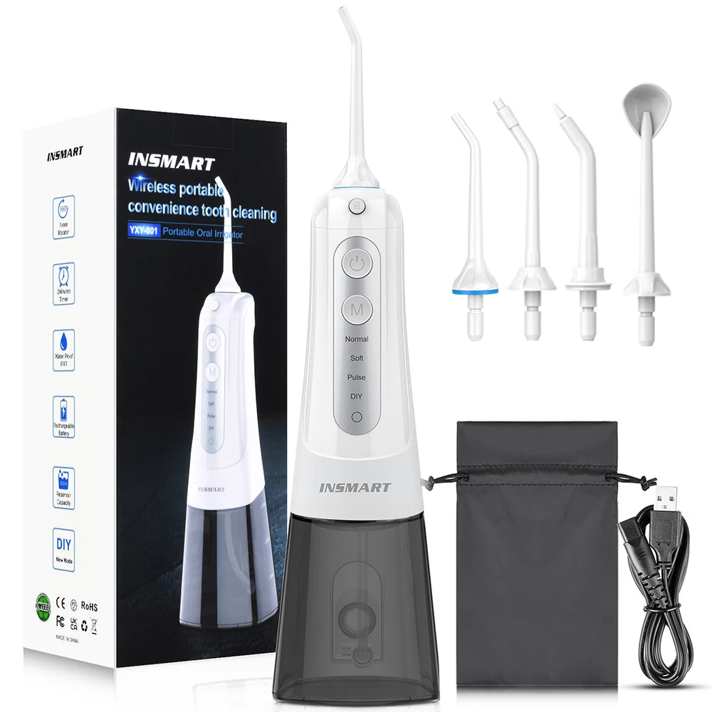 INSMART Portable Oral Irrigator - Waterproof Dental Water Flosser for Teeth Whitening & Cleaning, 300ML Water Tank