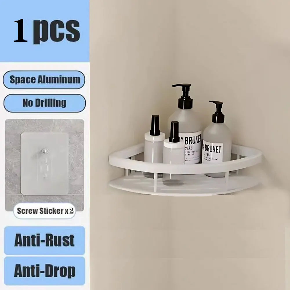 Wall-Mounted Aluminum Bathroom Shelf for Shampoo & Toiletries – No Drill Corner Rack for Showers & Kitchens