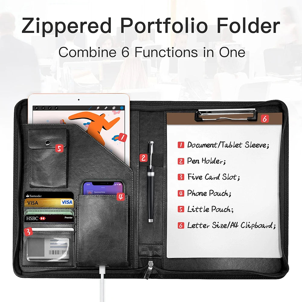 Multifunctional A4 Leather Conference Folder for Professionals - Travel Document & Contract Organizer