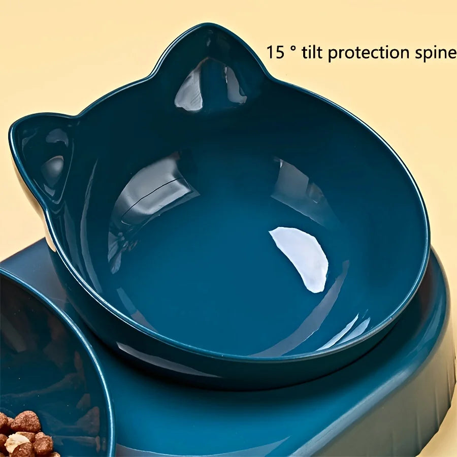 3-in-1 Tilted Cat Food and Water Bowl Set with Gravity Feeder for Neck Protection