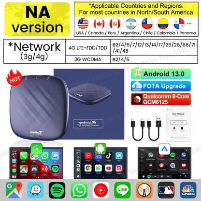 Android 13 CarlinKit AI TV Box for Wireless CarPlay & Android Auto - 8-Core, Split Screen, 64G/128G for Netflix & YouTube
