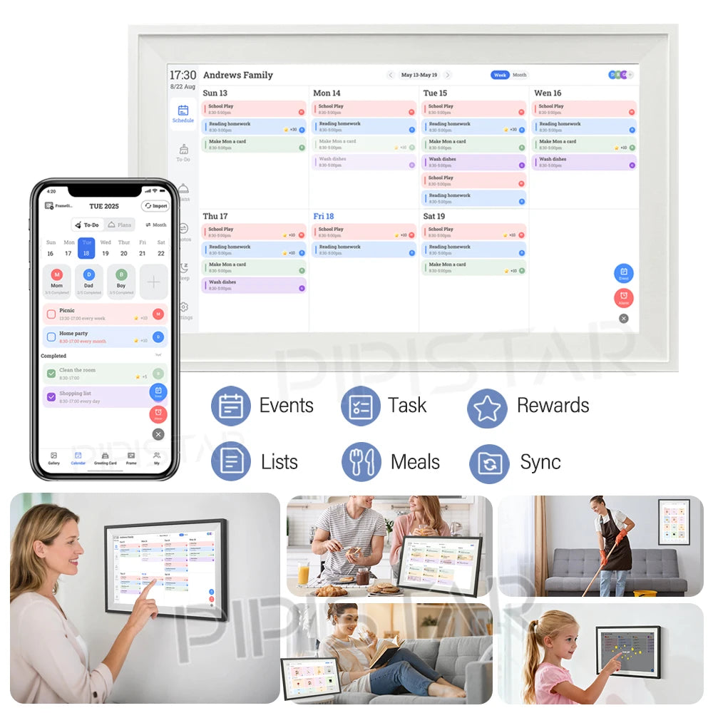 15.6" Smart Digital Calendar & Chore Chart for Families - Touchscreen Display & Digital Photo Frame