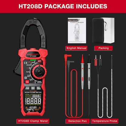 HABOTEST HT208 True RMS Digital Clamp Meter for Electricians - 1000A 1000V AC/DC, Capacitance, Temperature, Ohm & Hz Testing