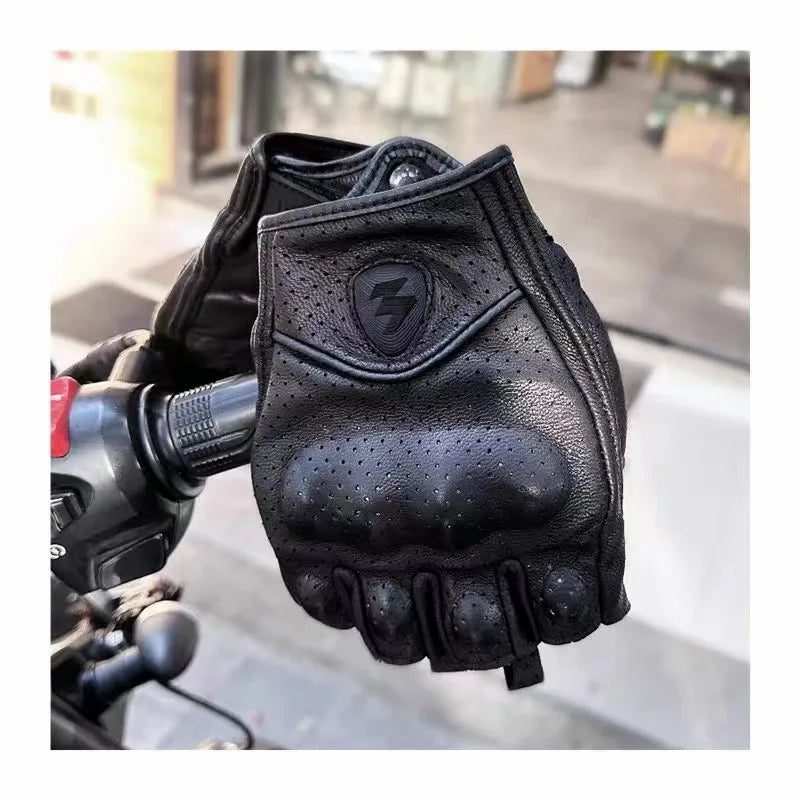 Summer Goatskin Leather Fingerless Motorcycle Gloves for Riders | Lightweight Motocross Half-Finger Gant