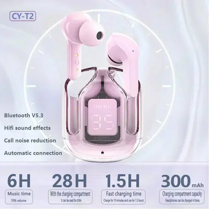 T2 TWS Bluetooth Earbuds with Digital Display - Transparent ENC Headphones for Smartphones, Stereo Sound