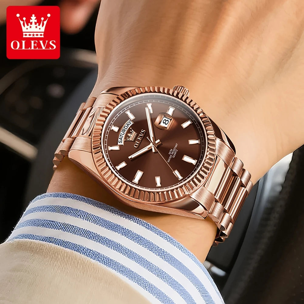OLEVS Men's Waterproof Rose Gold Stainless Steel Watch with Day-Date Quartz Movement