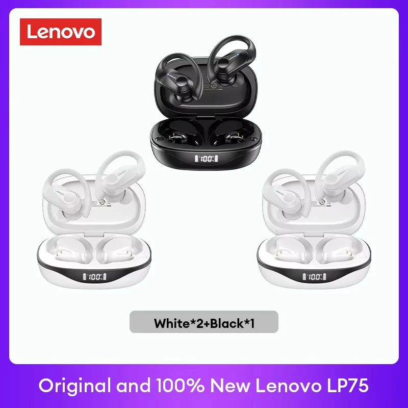 Lenovo LP75 TWS Bluetooth 5.3 Headphones - Waterproof Noise-Cancelling Earbuds with LED Display for Music Lovers