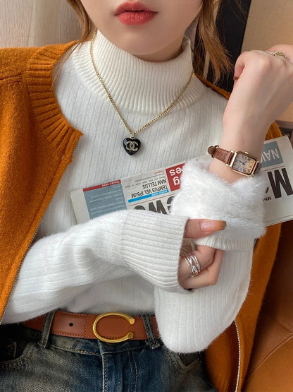 Women's Retro Red Velvet-Lined Turtleneck Sweater - Thick Thermal Knit for Winter 2025