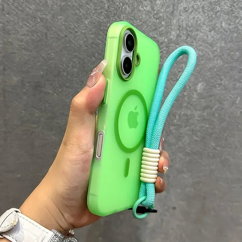 MagSafe Candy Color Contrast Lanyard Case for iPhone 11, 12, 13, 14, 15, 16, 17 Pro Max - Soft Matte Hand Wrist Strap